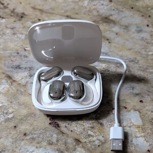 Stylish silver wireless Translator earbuds with a sleek charging case.